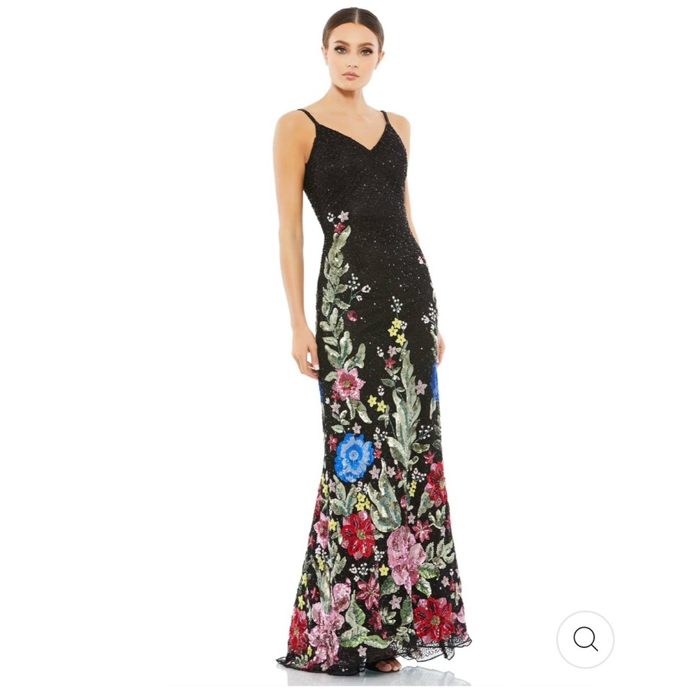 Mac Duggal FLORAL EMBELLISHED SPAGHETTI STRAP GOWN
